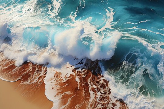 Hyper realistic photography, Abstract hypnotic illusion of turquoise ocean waves over gold sand. Generative AI