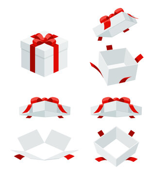 Open A Mystery Gift Box With A Red Ribbon On Isolated White Background. Random Secret Loot Box Top View Concept. Vector Illustration Cartoon Isometric Flat Design.