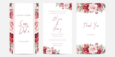 Wedding invitation with watercolor dahlias and rose