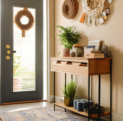 Warm Entryway Setup: Small Table for Keys, Wall-Mounted Mail Organizer, and Welcoming Doormat