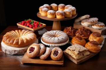 Variety of bakery products on wooden table. Bakery concept. Generative AI technology.