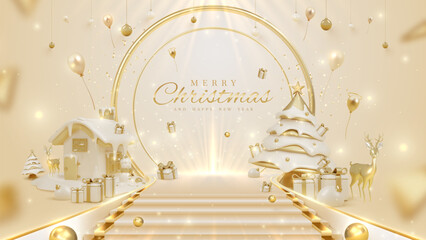 Shelf with 3D Christmas elements Cute style with golden circle frame with glowing light effect decoration and ribbon. Vector illustration background for promotional design.