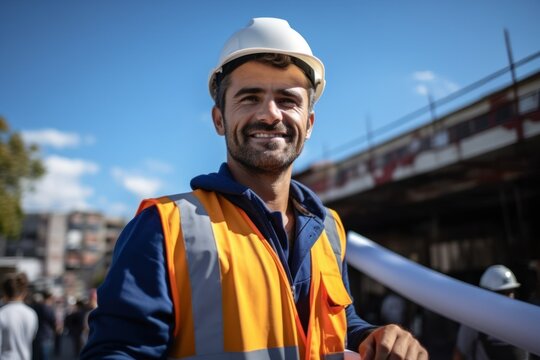 Civil Engineer Hispanic smiling with Constuction