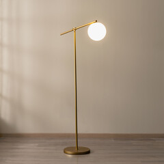 Obraz na płótnie Canvas An illuminated golden floor lamp in an empty room, casting a warm, inviting glow throughout the space