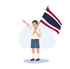 Smiling Thai student child, boy, holding a Thailand flag. Flat vector cartoon illustration