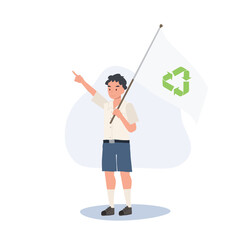 Cute Smiling Thai student Boy Holding Flag with recycle symbol, Ecology Protection Concept Cartoon Vector Illustration