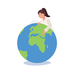 Concept of environmental protection and nature care. smiling girl hugging planet.  woman hugs Earth globe with care and love