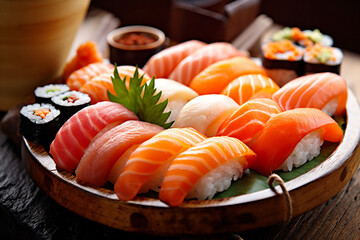 japan sushi set rice fish seafood japanese meal food roll. Generative AI.