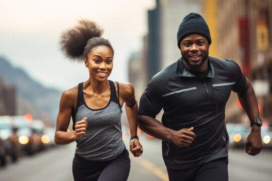 black exercise and running couple Outdoor and fitness goals with endurance, cardio, and self-care. Male and female runners on the road are running or training with strides. health and wellness