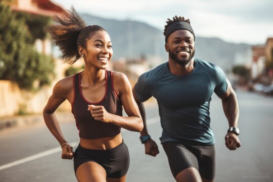 black exercise and running couple Outdoor and fitness goals with endurance, cardio, and self-care. Male and female runners on the road are running or training with strides. health and wellness