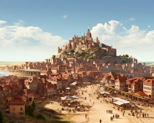 Fototapeta premium Lots of people walking around a medieval town with a castle. (Generative AI)