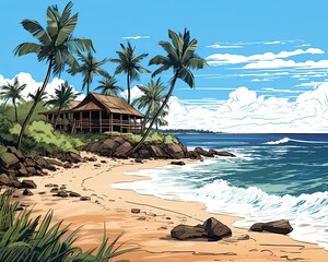 A sunny beach with palm trees, hut, blue sky, and ocean waves. (Generative AI)