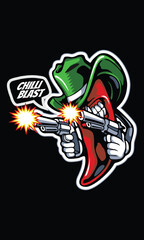 Chilli pepper mascot with a gun in hand illustration premium. vector Flat Cartoon Style
