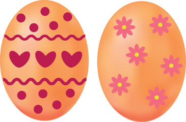 Golden eggs painted with hearts and flowers on transparent background