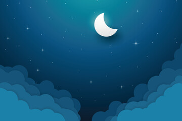 Plakat night sky with stars and moon. paper art style. Dreamy background with moon stars and clouds, abstract fantasy background. Half moon, stars and clouds on the dark night sky background.