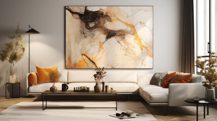 Stylish Living Room Interior with an Abstract Frame Poster, Modern interior design, 3D render, generative AI