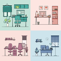 Collection of working table flat design, Concept of working desk interior with furniture. Work room and computer, desktop, table, chair, book, and stationary equipment. Work table cartoon illustration