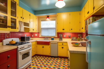 A bright and cheerful kitchen with a retro-inspired design. The room features a colorful tiled backsplash and vintage appliances. The walls are painted in a sunny yellow color, generative AI