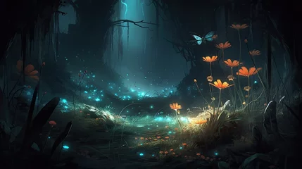 Gordijnen fairy forest at night fantasy glowing flower beauty © boxrean