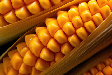 A close-up photograph of a fresh maize corn cob, showcasing the vibrant yellow kernels and the intricate pattern of the husk, generative AI