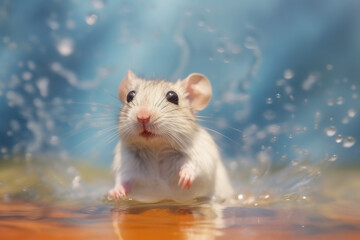 Fototapeta na wymiar Cute gerbil pet in water splashes isolated in blue orange background, chubby adorable cute gerbil mice climb on the tree play with water