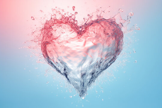 Naklejka Transparent heart shape made by pink water on water surface with splashes and ripples isolated on pink blue background, love romance Valentine Mother's Day Father's Day event