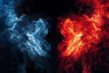 Obraz na płótnie Canvas Red and blue fire on black background on 2 sides collapse, fire and ice concept design, red and blue smoke, fiery fighting contradiction force background