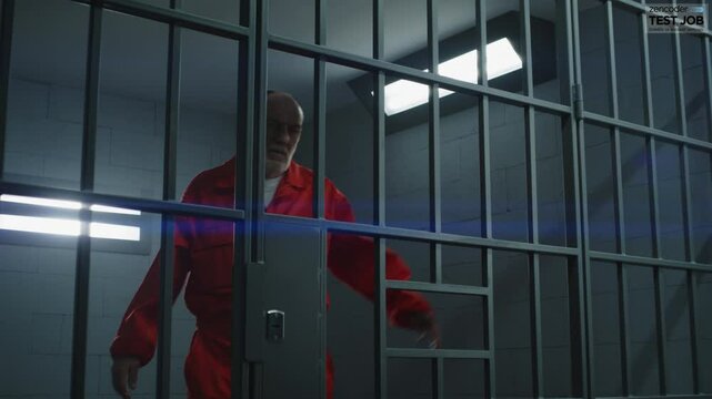 Elderly criminal in orange uniform stands near barred window, leans on bars of prison cell and looks at camera. Inmate in jail or detention center. Gloomy prisoner serves imprisonment term. Portrait.