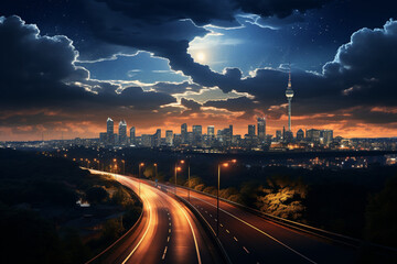 Naklejka premium Big moon illuminates Johannesburg's night cityscape, against a blue-black sky Generative AI