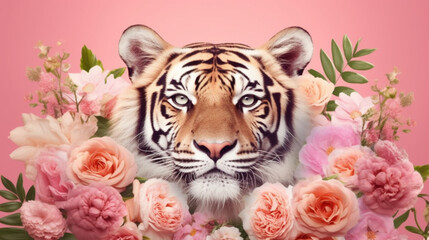 there is a tiger that is surrounded by flowers on a pink background. generative ai.