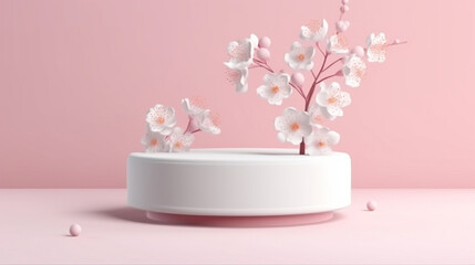Fototapeta na wymiar there is a white vase with flowers on a pink surface. generative ai.