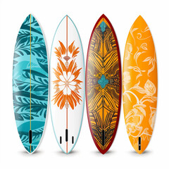 three surfboards with different designs on them are lined up. generative ai.