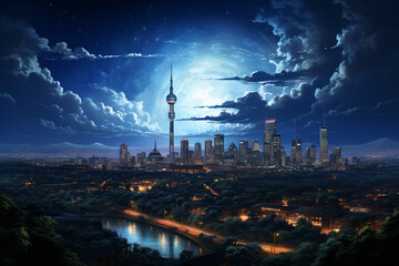 Obraz premium Bright moon looms over Johannesburg's night skyline, painting the sky blue-black Generative AI