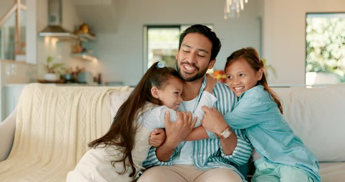 Father, couch and hug with kids and parent care in a home with a smile from family love. Children, happy and dad won a lounge sofa in a living room with support and having fun together with youth