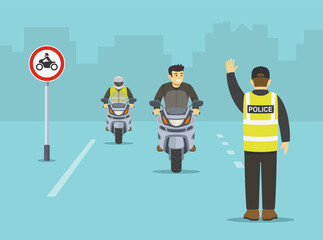 Isolated traffic police officer makes a stop gesture with his hand and pulls over motorcycle riders. No motorcycle sign area. Flat vector illustration template.