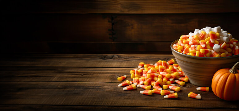 A vibrant display of candy corn in a bowl on a rustic table for Halloween. A Halloween themed background with copy space.