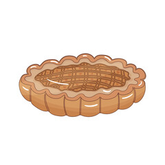 Hand drawn colorful cartoon illustration of a autumn sweet homemade pie with a bright filling with a pastry lattice, cozy pumpkin or apple sweet pie. Isolated on white background.