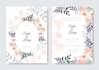 Fototapeta premium Floral wedding invitation template set with flowers and leaves decoration. Botanic card design concept.