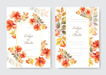 Fototapeta premium Floral wedding invitation template set with flowers and leaves decoration. Botanic card design concept.