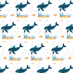 Seamless pattern with cute smiling blue whale and algae on white background