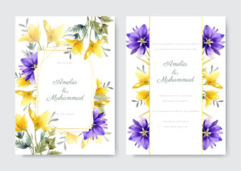 Floral wedding invitation template set with flowers and leaves decoration. Botanic card design concept.