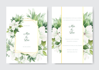 Floral wedding invitation template set with flowers and leaves decoration. Botanic card design concept.