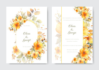 Floral wedding invitation template set with flowers and leaves decoration. Botanic card design concept.