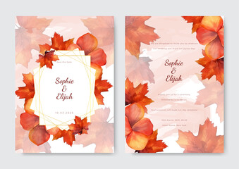 Fototapeta premium Watercolor wedding invitation template set with floral and leaves decoration.