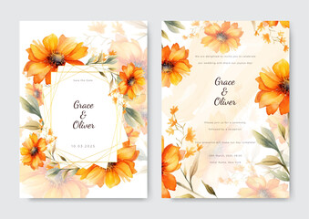 Fototapeta premium Watercolor wedding invitation template set with floral and leaves decoration.