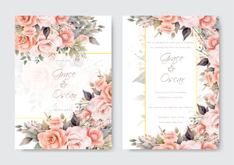 Fototapeta premium Watercolor wedding invitation template set with floral and leaves decoration.