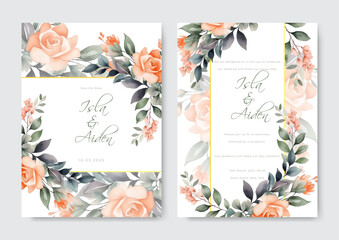 Fototapeta premium Watercolor wedding invitation template set with floral and leaves decoration.