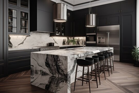 Amazing Luxury Kitchen Interior in white with wooden floor and kitchen island. Generative AI