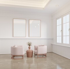 Fototapeta na wymiar Mock up interior picture frame on white wall and modern classic style room with daylight mirror window and white armchair. There is a hidden light on the ceiling.3d rendering