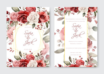 Watercolor wedding invitation template set with floral and leaves decoration.